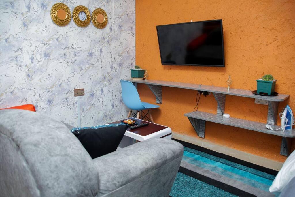 a living room with a couch and a television at Little Lillies Homestays Nakuru in Nakuru
