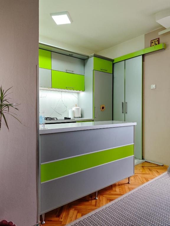 a kitchen with green and white cabinets and a counter at Apartman Julija in Donji Milanovac