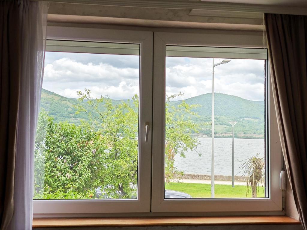 a window with a view of a body of water at Apartman Julija in Donji Milanovac