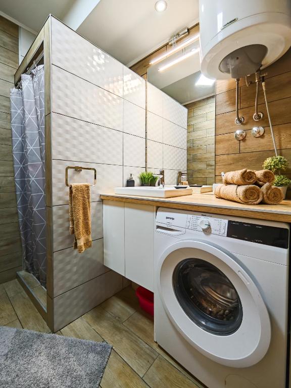 a laundry room with a washing machine and a sink at Apartman Julija in Donji Milanovac
