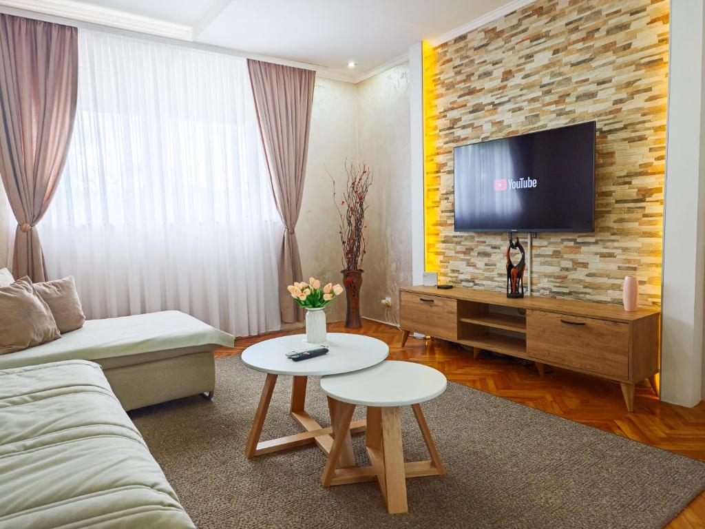 sala de estar con sofá y TV en Apartman Julija, en Donji Milanovac