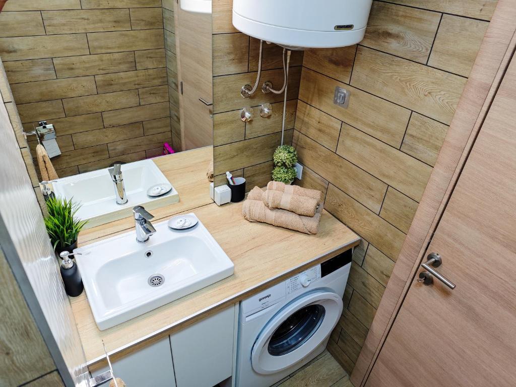 a bathroom with a sink and a washing machine at Apartman Julija in Donji Milanovac