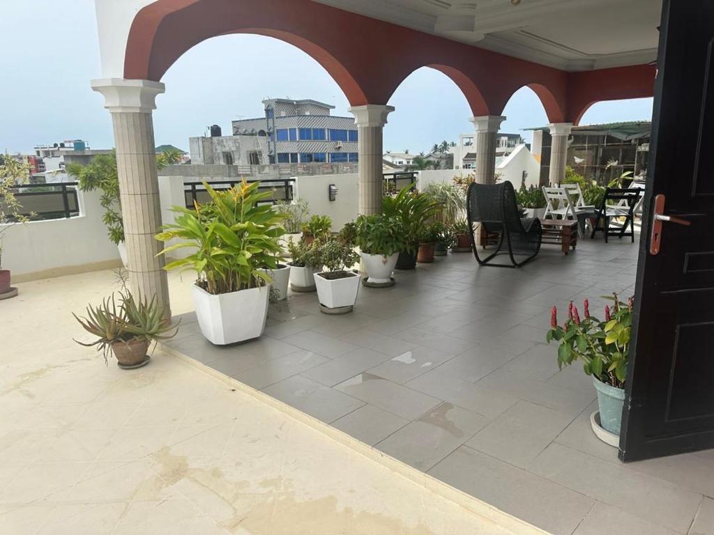 コトヌーにあるAHOUEDJI Guest House - Palais Urbain avec Balcon & Vue Merの鉢植えの植物が並ぶ大きなパティオ