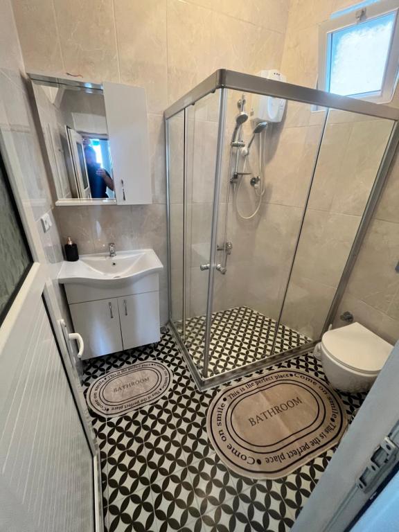 a bathroom with a shower and a sink and a toilet at HARBOUR view 2 in Fethiye