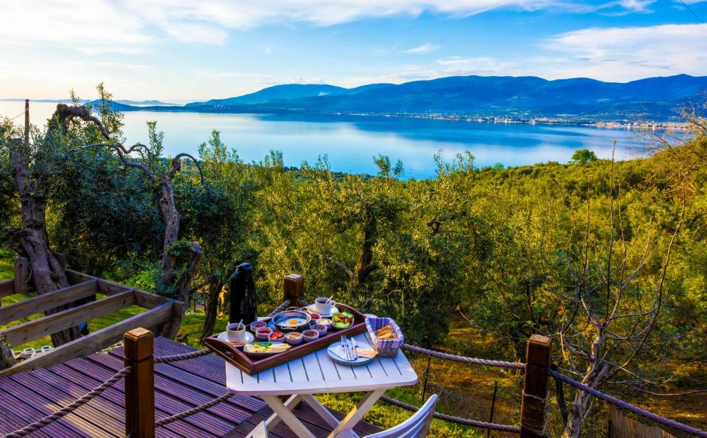 uma mesa com uma bandeja de comida ao lado de um lago em Kiraz Sunset Bungalow Deluxe em Bandırma