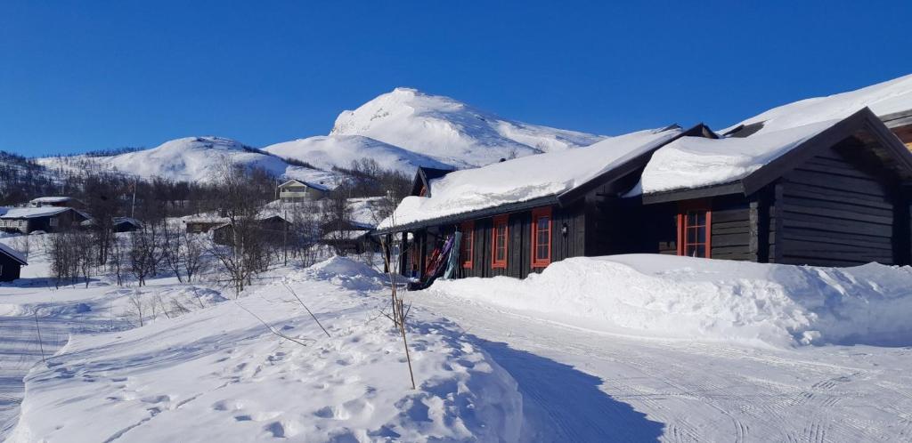 un edificio cubierto de nieve con montañas de fondo en Tyinkrysset panorama, en Tyinkrysset