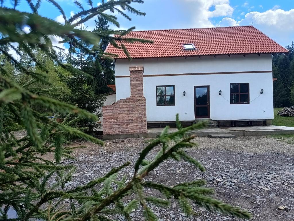 uma pequena casa branca com um telhado vermelho em Csencsó Vendégház em Ciumani