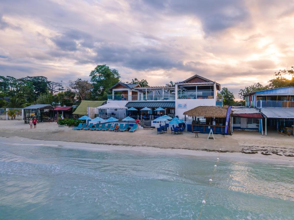 a building on the beach next to the water at Blue Skies Beach Resort in Negril