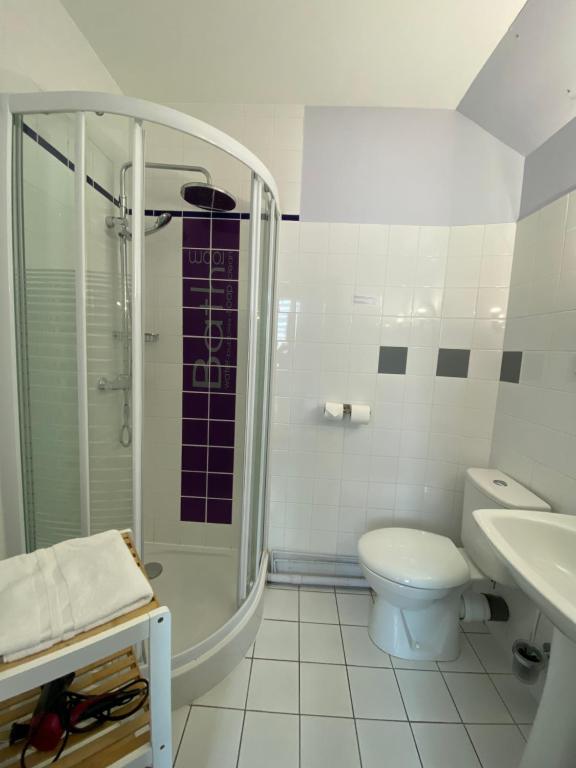 a white bathroom with a shower and a toilet at Hôtel du Musée in Granville