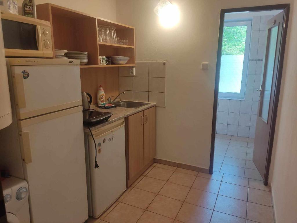 eine Küche mit einem weißen Kühlschrank und einer Spüle in der Unterkunft Ubytování Pod hradem Dobronice 111 in Dobronice