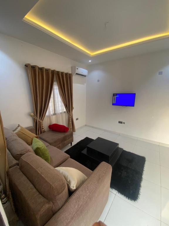 a living room with a couch and a tv at lnfinity Luxury Apartment in Abuja