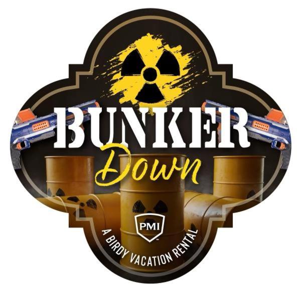 a label for a burnler drum with a biohazard sign at Bunker Down - A Birdy Vacation Rental in San Antonio