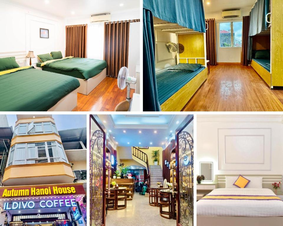 a collage of three pictures of a hotel room at Old Quarter Hanoi Autumn House 8 in Hanoi
