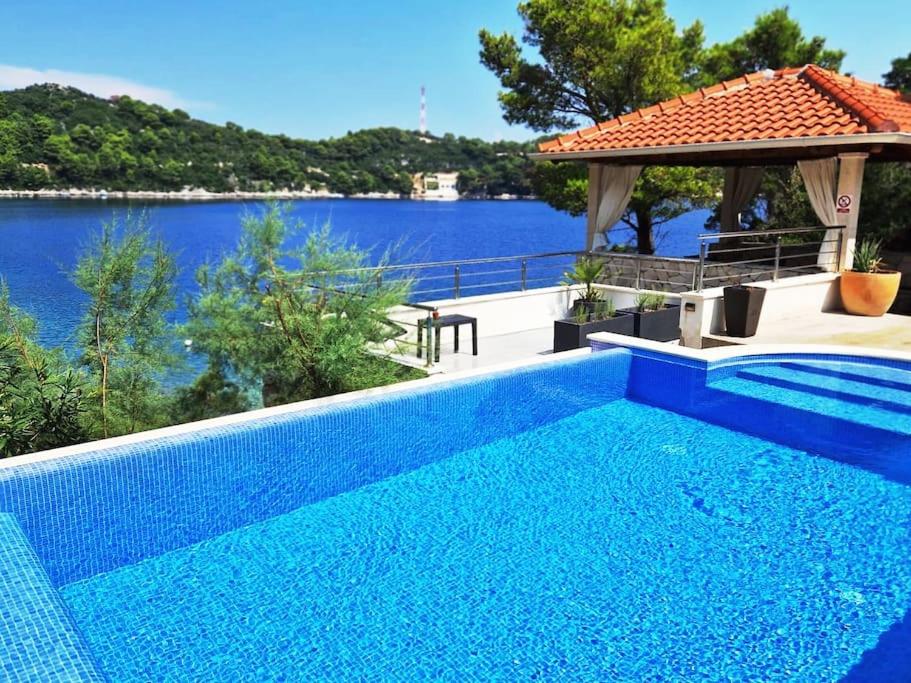 una piscina azul con vistas al agua en House Anna, en Sobra