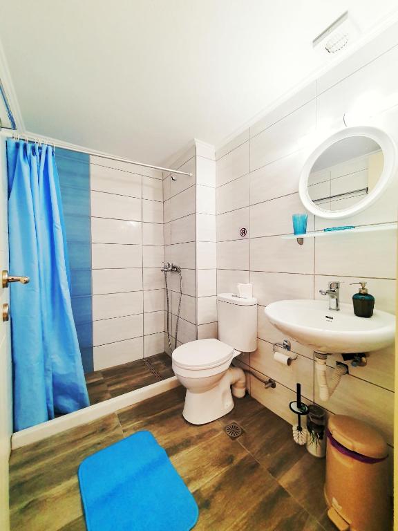 łazienka z toaletą, umywalką i prysznicem w obiekcie Blue Studio Nidri w mieście Nydri