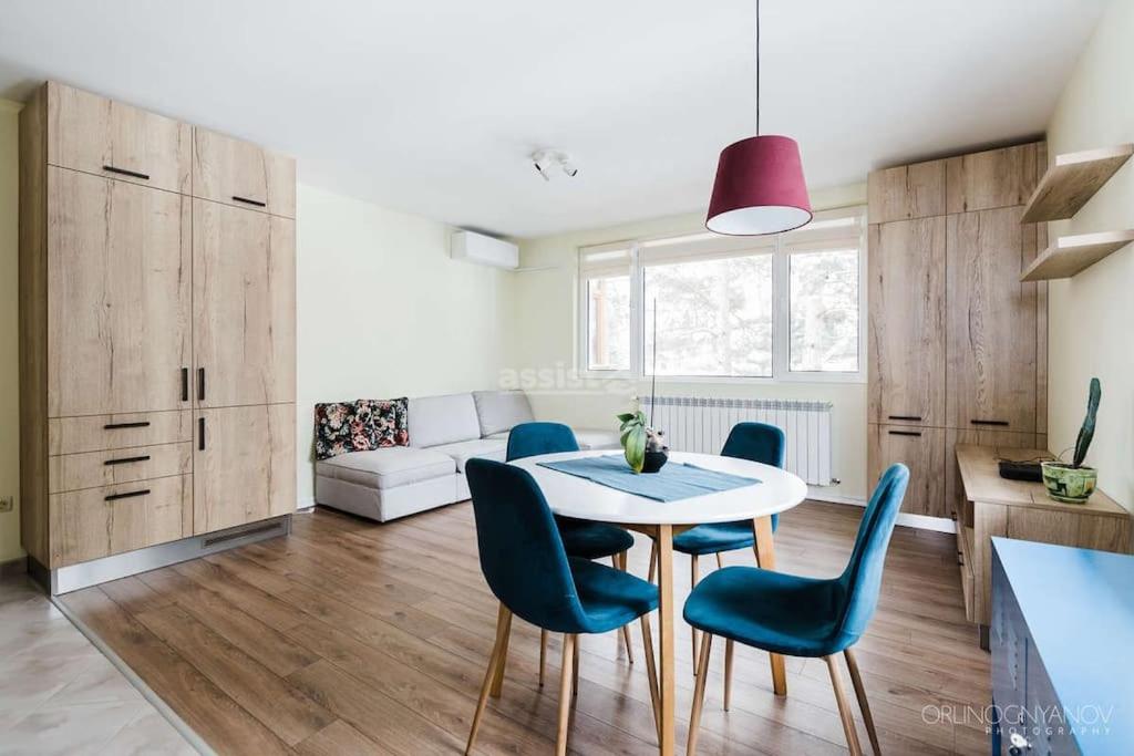a kitchen with a table and chairs in a room at Apartment in Boyana in Sofia