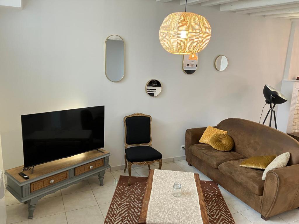 een woonkamer met een bank en een flatscreen-tv bij La Sauveroise in Saint-Sauveur-en-Puisaye