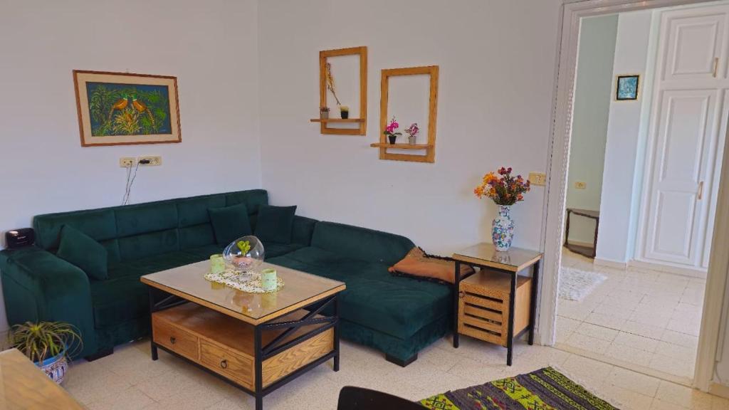 sala de estar con sofá verde y 2 mesas en Bensassi Urban Escape, en La Marsa