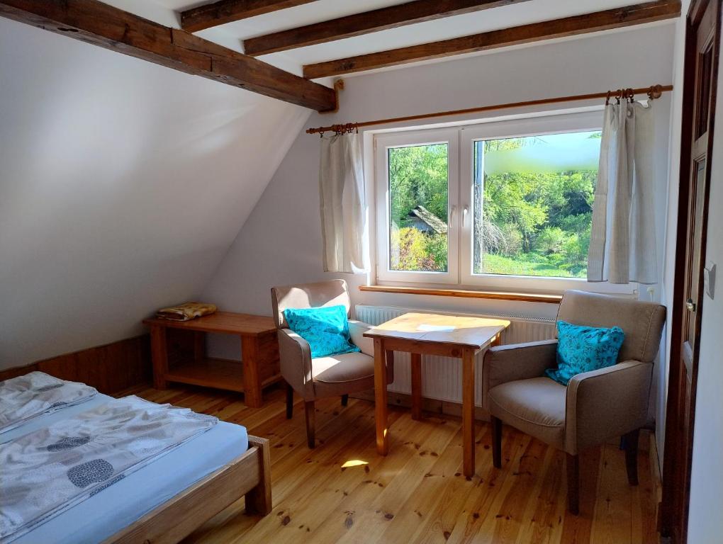 - une chambre avec un lit, une table et une fenêtre dans l'établissement Podołynia, à Dwernik