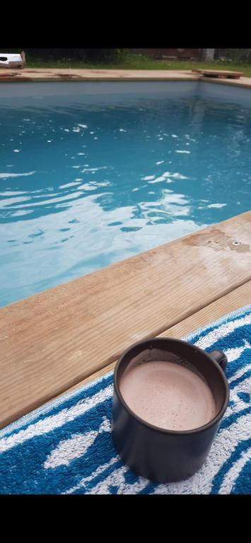 un bol noir posé sur une serviette à côté d'une piscine dans l'établissement Logement à castex, à Castex