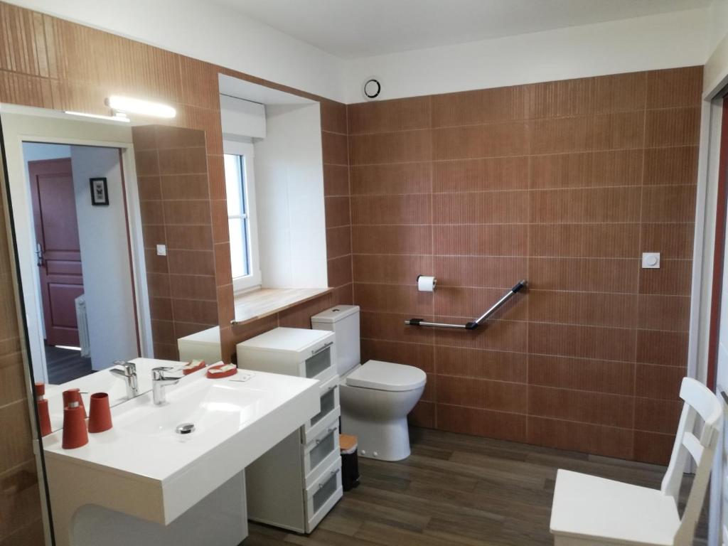 a bathroom with a sink and a toilet and a mirror at Chambres d'Hôtes des Hirondelles in Beaussais sur Mer