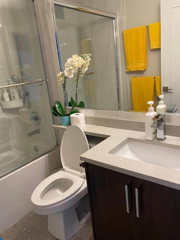 een badkamer met een toilet en een wastafel bij Panorama VistaVue Vancouver in Vancouver