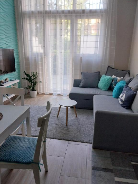 uma sala de estar com um sofá e uma mesa em Anna Apartman em Csopak