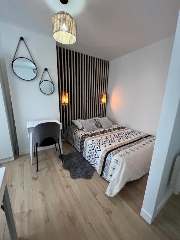um quarto com uma cama, uma secretária e uma mesa em Studio a deux pas de Paris em Levallois-Perret
