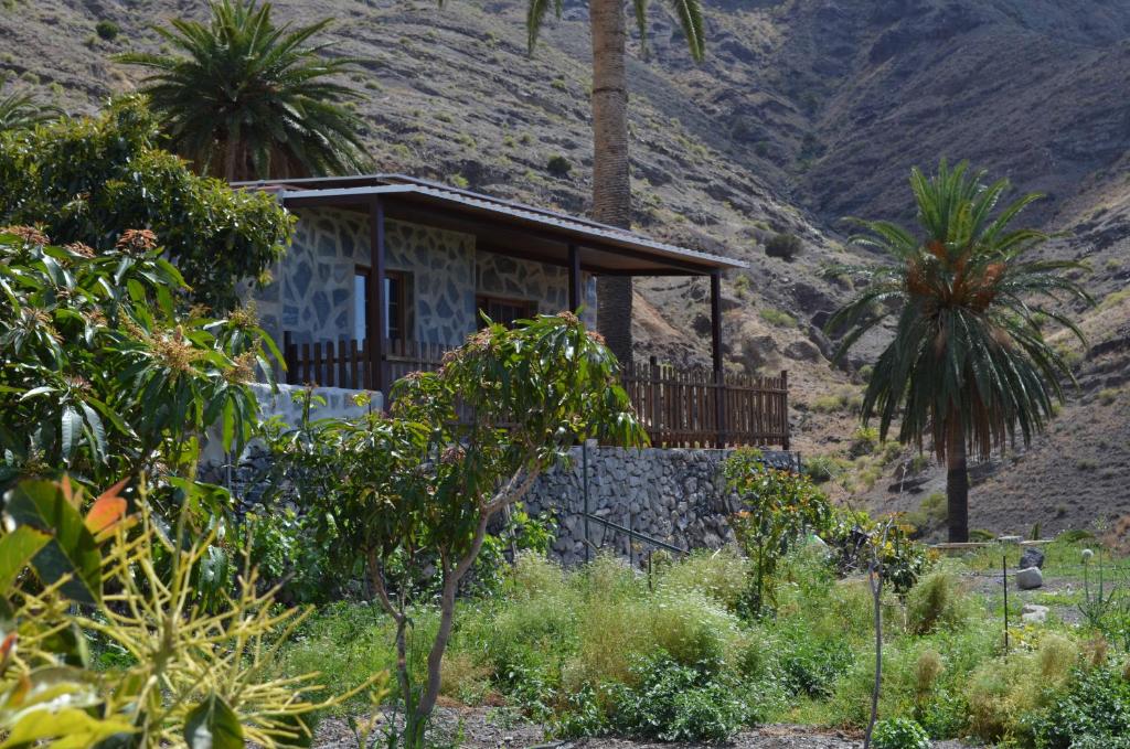a small house with palm trees in front of a mountain at Galeón Ossorio Vistas Panoramicas in Vallehermoso