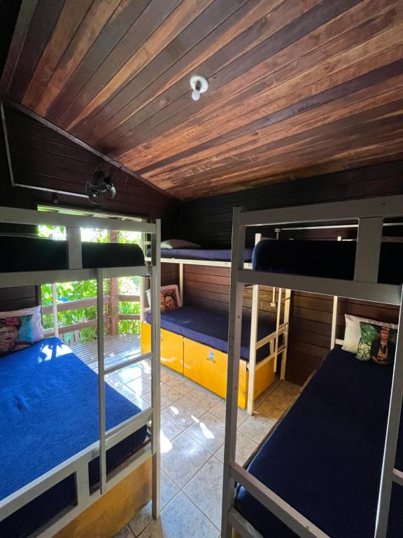 two bunk beds in a room with a wooden ceiling at Vibe House Hostel in Florianópolis