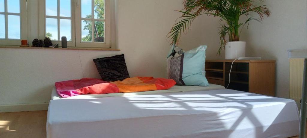 a bedroom with a bed with colorful pillows on it at Forrest Apartments in Freiberg Min stay 2 nights Max Number of Guest 1 Aprt 1 in Freiberg