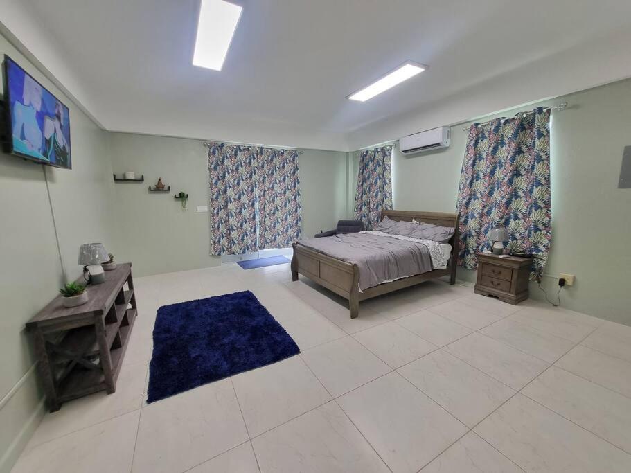 een slaapkamer met een bed en een blauw tapijt bij Spacious and Comfy 1 bdr 1 bth Great location in Long Swamp