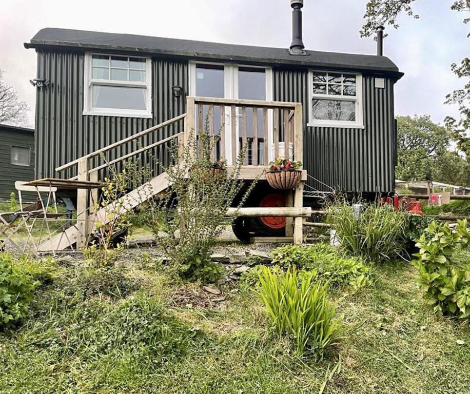 a tiny house with a porch in a yard at Lovely shepherds hut in Cornwall in Camelford