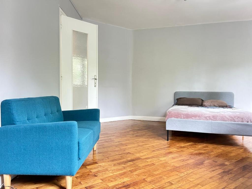- un salon avec un lit et un canapé bleu dans l'établissement Sublime - Proche de l'hyper centre & tout confort, à Grenoble