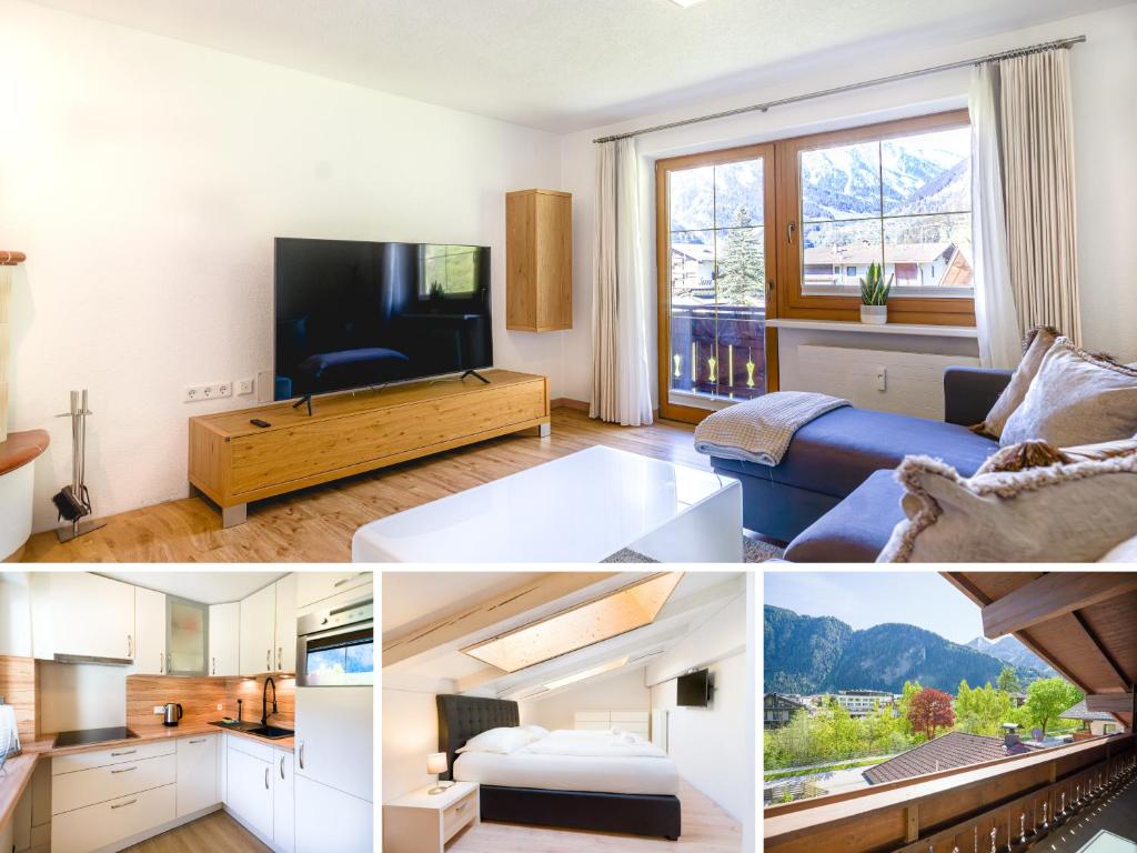 eine Collage mit Fotos eines Wohnzimmers in der Unterkunft AlpenLuxus' PANORAMA Appartement with car park and balcony in Mayrhofen
