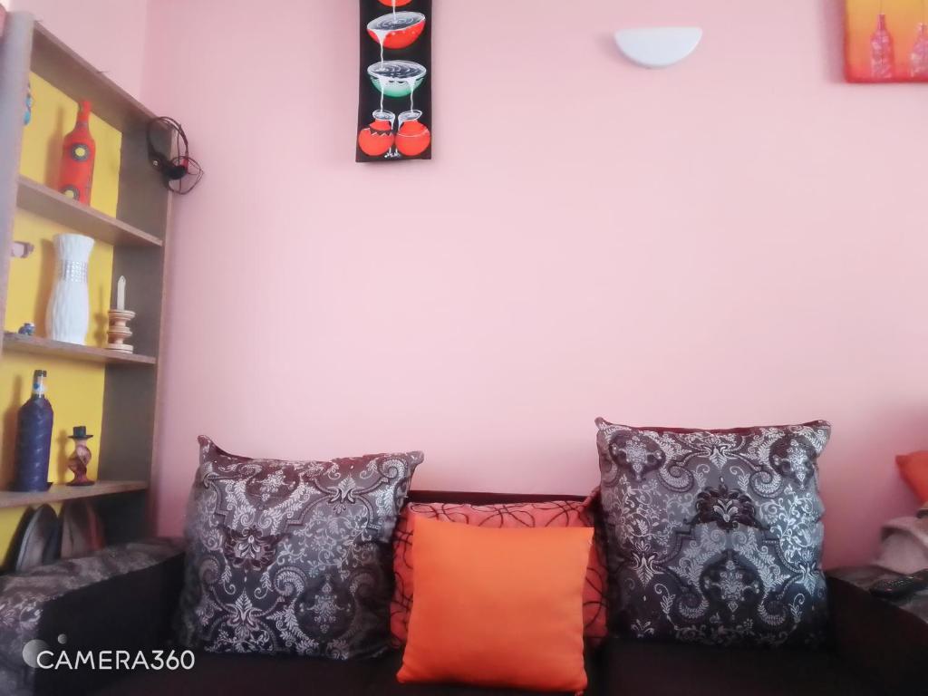 a living room with a couch and pillows at Backpackers at Banana Hill in Nairobi