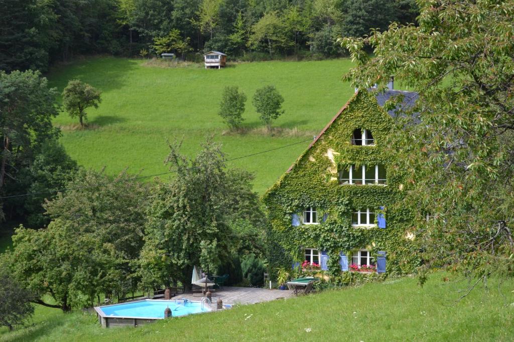 une maison recouverte de lierre avec une piscine dans un champ dans l'établissement Les Fermes De Pinpin, à Labaroche