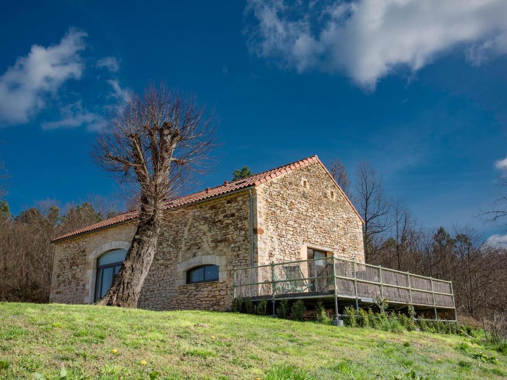 un edificio de piedra en una colina con un árbol en La grande Grange en Loubejac
