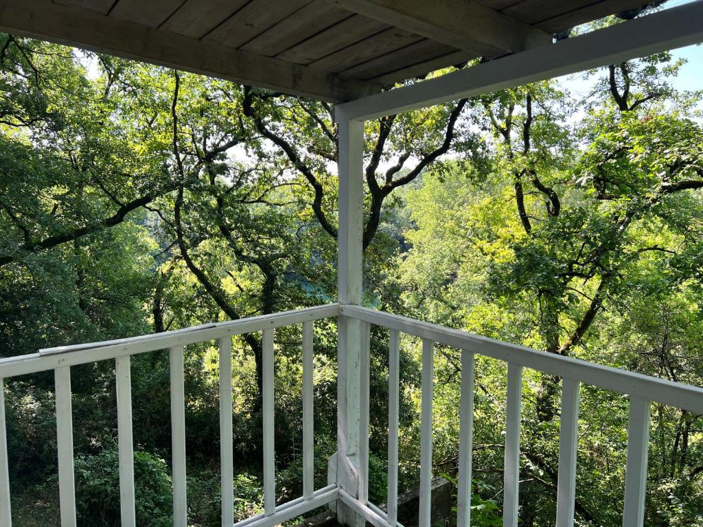 un porche blanc avec des arbres en arrière-plan dans l'établissement Villa des Caminaires, à Marsolan