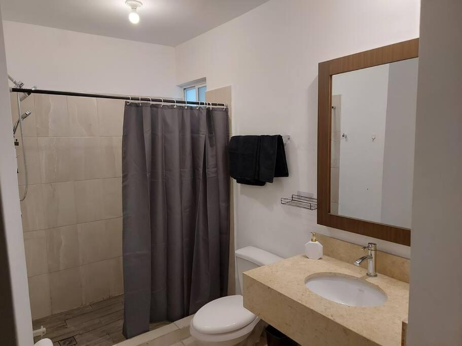 uma casa de banho com uma cortina de chuveiro, um WC e um lavatório. em Alojamiento Entero Monterrey Airport em Monterrey