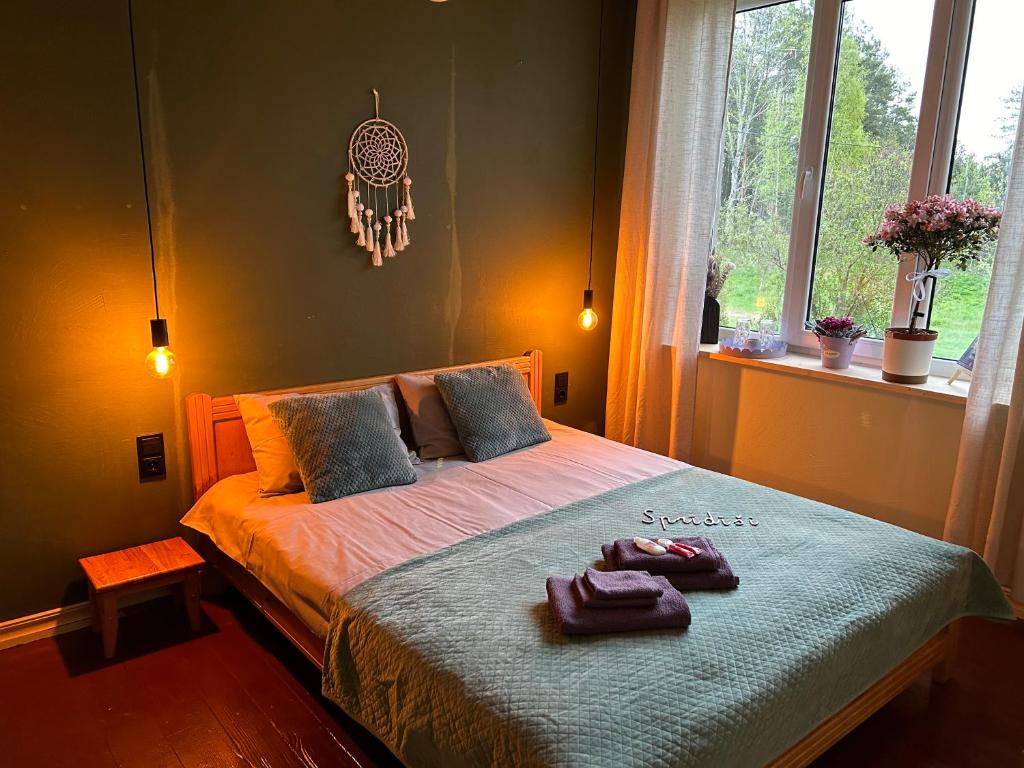 een slaapkamer met een bed met twee handdoeken erop bij Sprīdīši 
