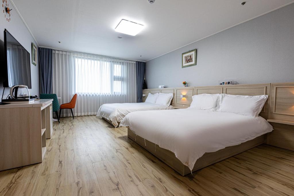 pokój hotelowy z 2 łóżkami i telewizorem w obiekcie New Korea Resort w mieście Czedżu