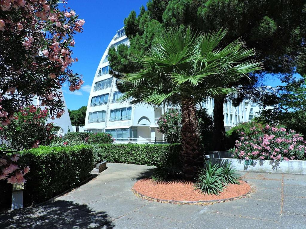 un palmier devant un bâtiment dans l'établissement Bel appartement 2 pièces avec loggia vitrée, au calme, proche plage et commerces, parking inclus - FR-1-328-237, à La Grande Motte
