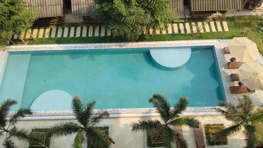 uma vista sobre uma piscina com palmeiras em Vang Vieng Bungalows em Vang Vieng