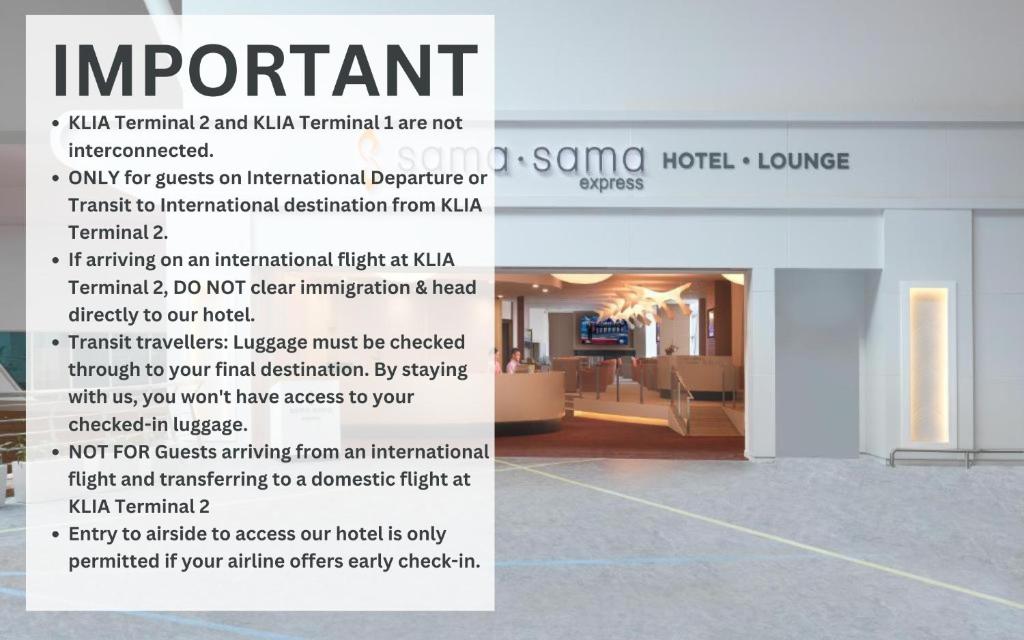 雪邦的住宿－Sama-Sama Express KLIA Terminal 2 - Airside Transit Hotel，一张为酒店准备的传单,上面有客厅的 ⁇ 染
