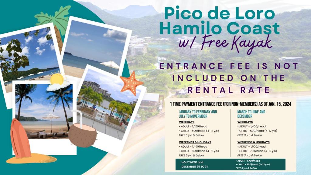 ナスグブにあるPico de Loro Hamilo Coast w/FREE KAYAKのハワイアンリゾートのチラシ