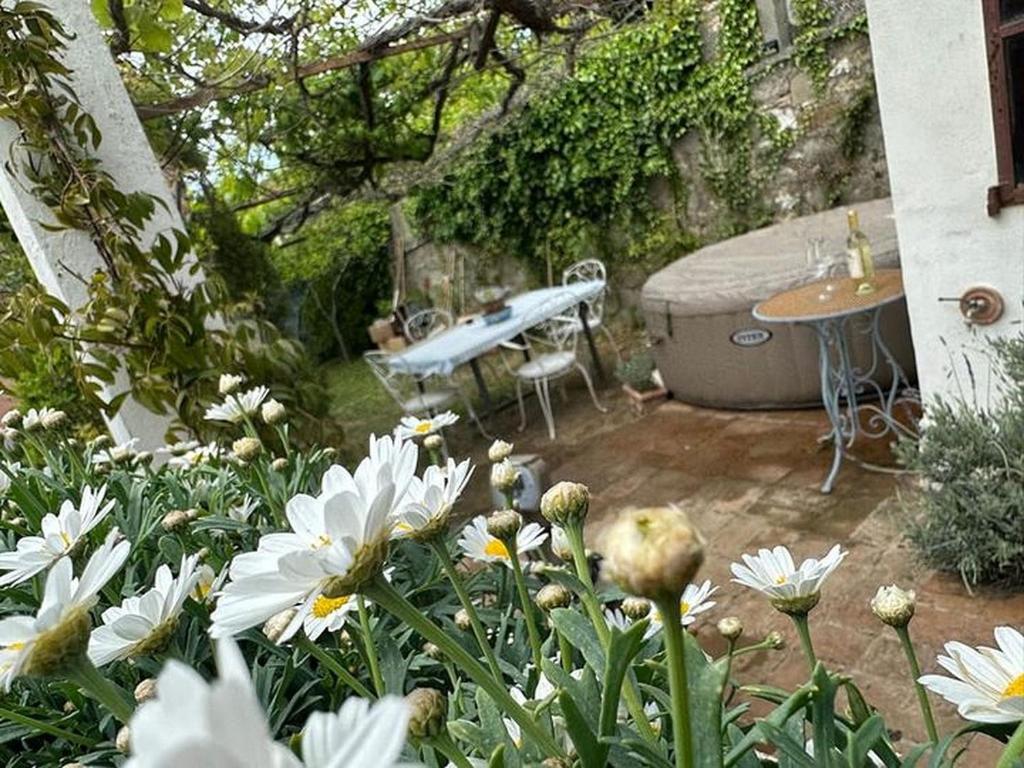 un giardino con fiori bianchi, tavolo e vasca di Villino Sole di Toscana con terrazza panoramica e giardino a Monterotondo