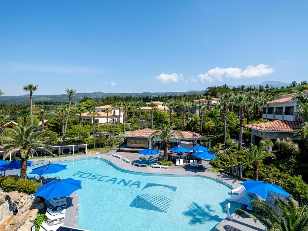 an aerial view of a resort swimming pool with blue umbrellas at Hotel Toscana in Seogwipo