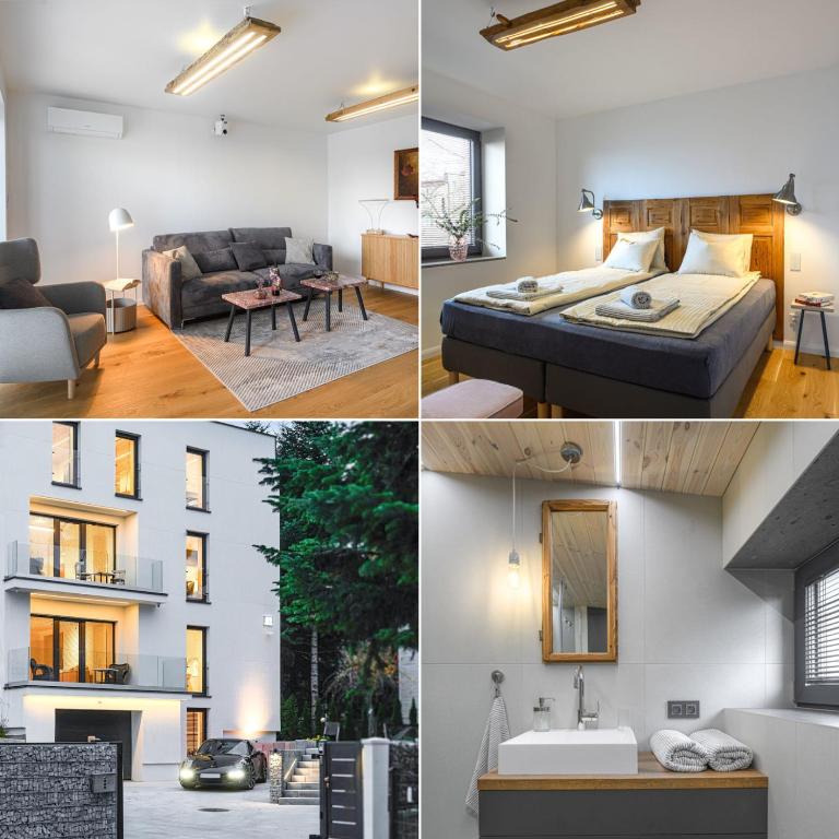 a hotel room with a bed and a living room at LUBLIN RESIDENCE Butikowe apartamenty, zamknięty parking, ogród, 2x klimatyzacja, ekspres z młynkiem, prywatne wejście in Lublin