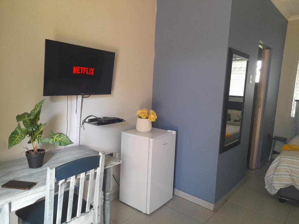 a room with a refrigerator and a tv on the wall at The Rose Guesthouse in eMalahleni